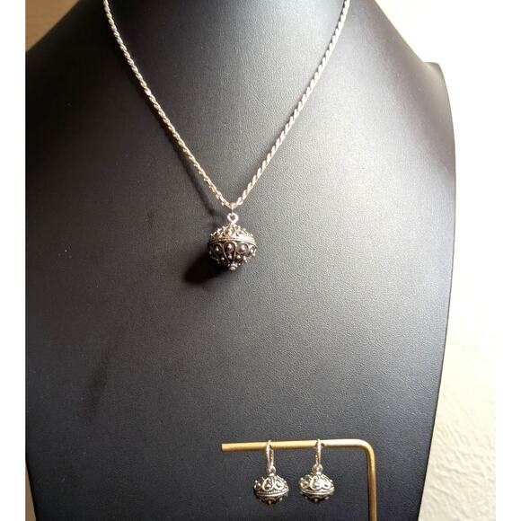 VTG 925 Italy SS Rope Chain Bali Ball Pendant & Hoop Dangle Earring Set 24.39g - Picture 2 of 10